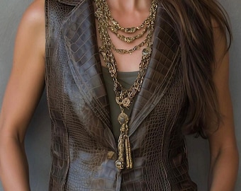 Gilet da donna in pelle marrone con stampa coccodrillo, stile western vintage / Giacca senza maniche alla moda