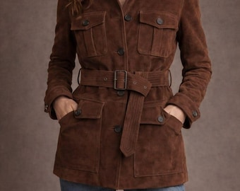 Chaqueta de ante marrón para mujer, estilo vintage, con cinturón, estilo utilitario, corte entallado.