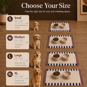 May include: A size guide chart for pet feeding mats featuring four sizes: Small 12" x 20", Medium 16" x 24", Large 20" x 32", and XL 24" x 36". Each row displays a dog and a rectangular mat with blue and white striped edges and the name REMY.