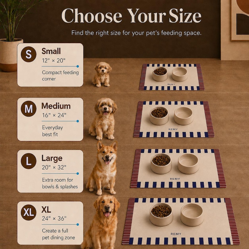 May include: A size guide chart for pet feeding mats featuring four sizes: Small 12" x 20", Medium 16" x 24", Large 20" x 32", and XL 24" x 36". Each row displays a dog and a rectangular mat with blue and white striped edges and the name REMY.