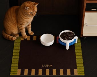Personalized Pet Food Mat, Waterproof PU Leather, Non-Slip Dog Cat Placemat, Checkerboard Design