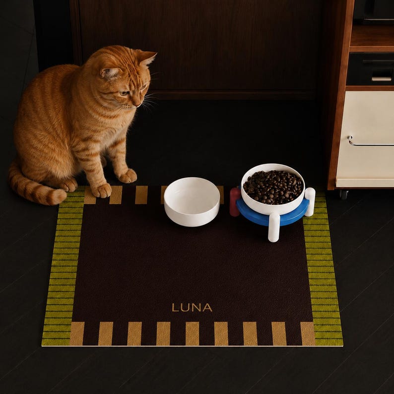 May include: An orange tabby cat sits next to a rectangular pet mat featuring a dark brown center with the name LUNA printed in gold, bordered by olive green and tan stripes. Two white bowls sit on the mat, one filled with dark brown kibble.