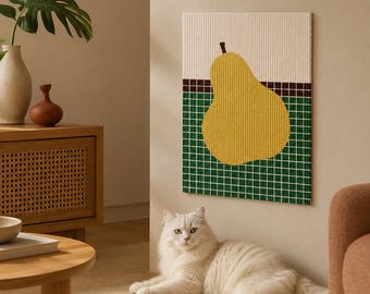 May include: A rectangular sponge cloth featuring a yellow pear graphic centered on a background of white and green grid patterns, separated by a thin dark brown horizontal line, with a textured surface and a ribbed finish.