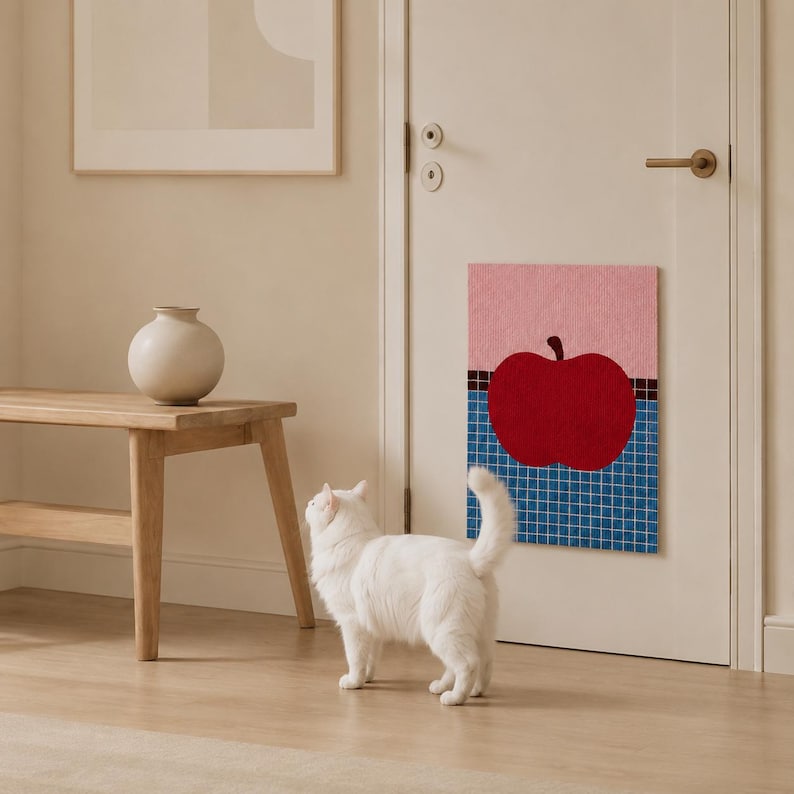 May include: A rectangular wall hanging featuring a graphic illustration of a solid red apple centered against a background of pink and blue grid patterns, mounted on a white door. The artwork displays a distinct contrast between the red fruit and the blue tiled grid base, with a soft pink upper section.