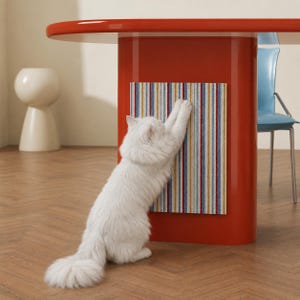 May include: A white long-haired cat standing on its hind legs and scratching a rectangular, vertically striped panel attached to the base of a glossy orange table. The panel features thin, repeating stripes in shades of blue, yellow, and red.