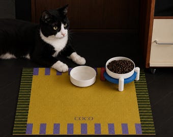 Personalized Pet Food Mat, Waterproof PU Leather, Non-Slip Dog Cat Placemat, Checkerboard Design
