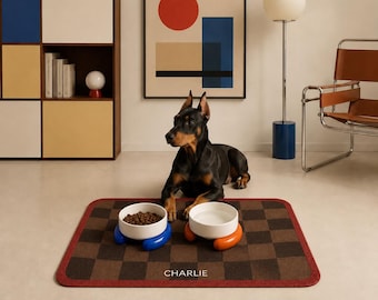 Personalized Pet Food Mat, Waterproof PU Leather, Non-Slip Dog Cat Placemat, Checkerboard Design