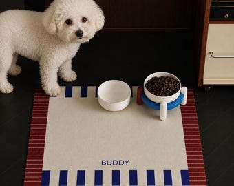 Personalized Pet Food Mat, Waterproof PU Leather, Non-Slip Dog Cat Placemat, Checkerboard Design