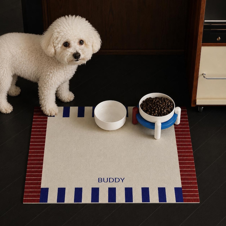 May include: A rectangular pet mat in cream with red striped borders and blue rectangular accents, featuring the name BUDDY in blue text. Two white bowls are placed on the mat, one containing brown kibble on a blue and red elevated stand.