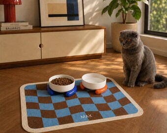 Personalized Pet Food Mat, Waterproof PU Leather, Non-Slip Pet Placemat, Checkerboard Design