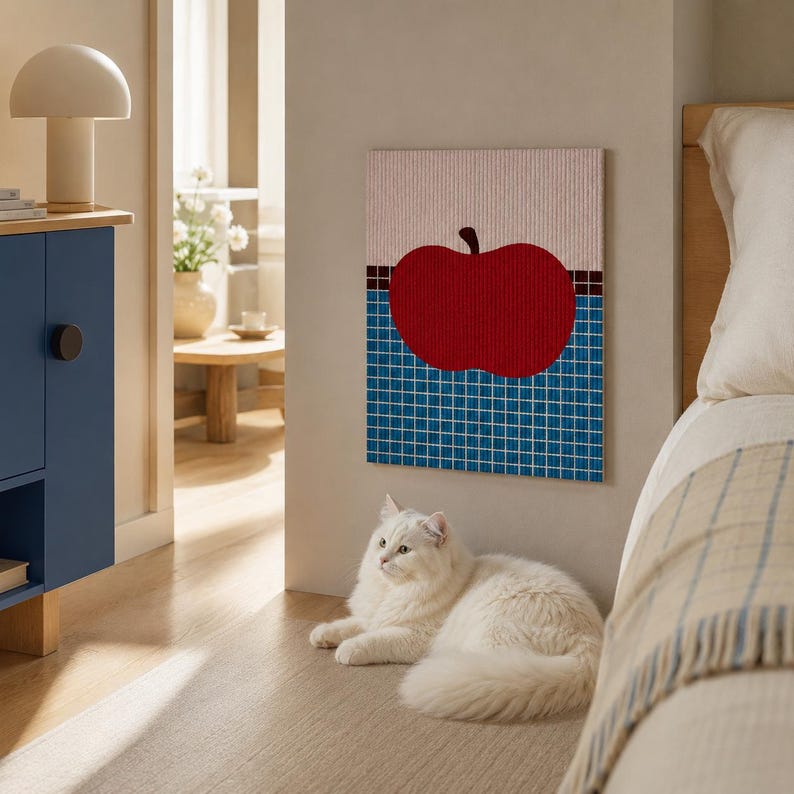 May include: A rectangular wall art piece featuring a large red apple graphic centered on a background divided into a light pink upper section and a blue grid-patterned lower section, separated by a thin dark brown horizontal border line.