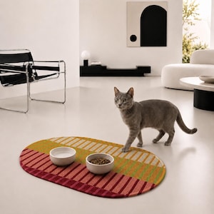 May include: An oval-shaped pet mat featuring a multi-colored striped pattern in shades of red, orange, yellow, and green. Two round, off-white ceramic bowls are placed on the mat, one containing dry food and the other filled with water.