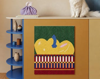 May include: A rectangular wall art print featuring a yellow abstract shape with a blue center element on a dark green background, positioned above a horizontal band of repeating red, white, and blue vertical stripes and a solid dark red base.