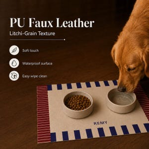May include: A rectangular pet feeding mat made of PU faux leather with a litchi-grain texture. The mat features a beige center with the name REMY printed in blue, bordered by blue stripes and red striped edges. Two round bowls sit on the mat.