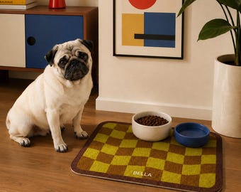 Personalized Pet Food Mat, Waterproof PU Leather, Non-Slip Dog Cat Placemat, Checkerboard Design