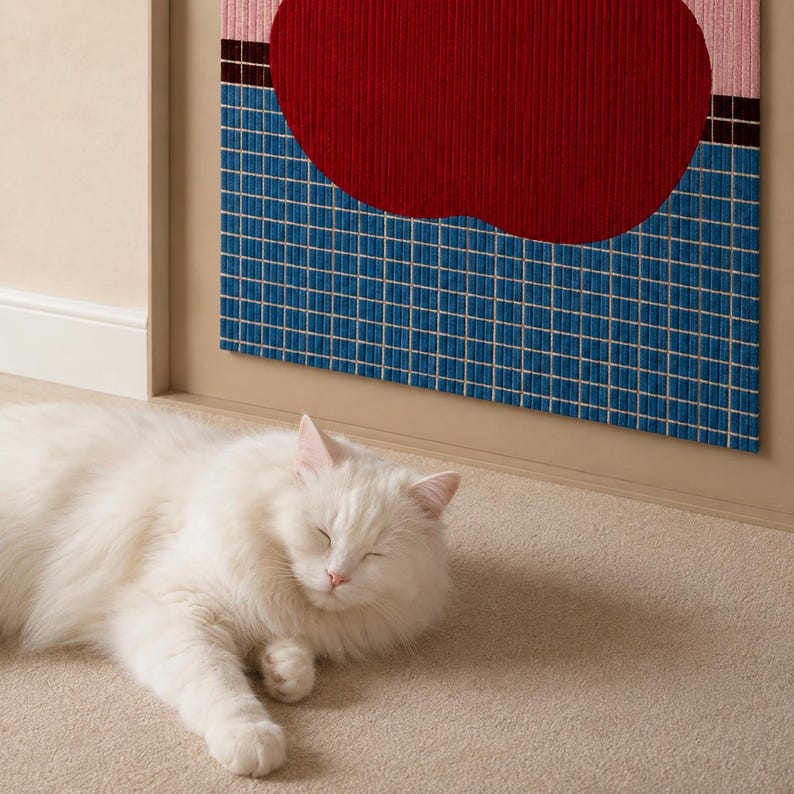 May include: A rectangular wall hanging featuring a large, solid red apple shape centered against a background of blue grid-patterned fabric. The top section is light pink, and the bottom section is blue, separated by a thin dark brown horizontal line.