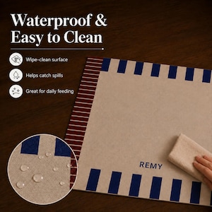 May include: A rectangular beige mat featuring a blue striped border and a dark red striped side edge. The name REMY is printed in blue. Text reads: Waterproof & Easy to Clean, Wipe-clean surface, Helps catch spills, Great for daily feeding.