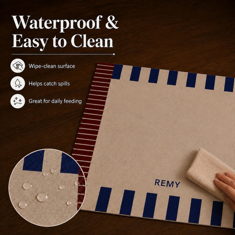 May include: A rectangular beige mat featuring a blue striped border and a dark red striped side edge. The name REMY is printed in blue. Text reads: Waterproof & Easy to Clean, Wipe-clean surface, Helps catch spills, Great for daily feeding.
