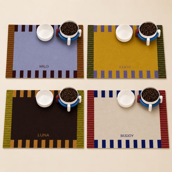 Personalized Pet Food Mat, Waterproof PU Leather, Non-Slip Dog Cat Placemat, Checkerboard Design