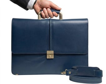Blue Genuine Leather Laptop Bag – Slim Briefcase, Durable Work Shoulder Bag, Business Travel Tote