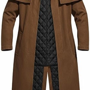 May include: A long brown coat with a wide collar and a black quilted lining. The coat has a button closure and two front pockets. The coat is made of a durable material and is suitable for cold weather.