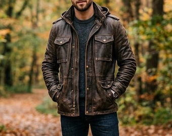 Herren Distressed Leder M65 Kapuzenjacke, Vintage Militär Biker Style Mantel