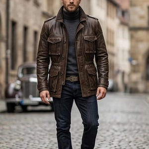 May include: A brown leather jacket with multiple front pockets and a collared neckline. The jacket is worn over a grey turtleneck sweater and paired with dark blue jeans and brown boots. A belt is visible. The background shows a cobblestone street and buildings.