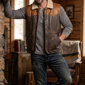 Peut inclure: Un gilet en cuir marron avec un col en peau de mouton beige et deux poches avant. Le gilet est porté sur un t-shirt gris à manches longues et associé à un jean bleu. L'homme est appuyé contre un mur en pierre dans un cadre rustique.