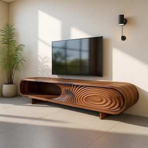 モダンな木製テレビ台 | 高級湾曲メディアコンソール | ハンドメイドウォールナットエンターテイメントユニット | ミニマリストなテレビキャビネット | 現代的なホームデコレーション