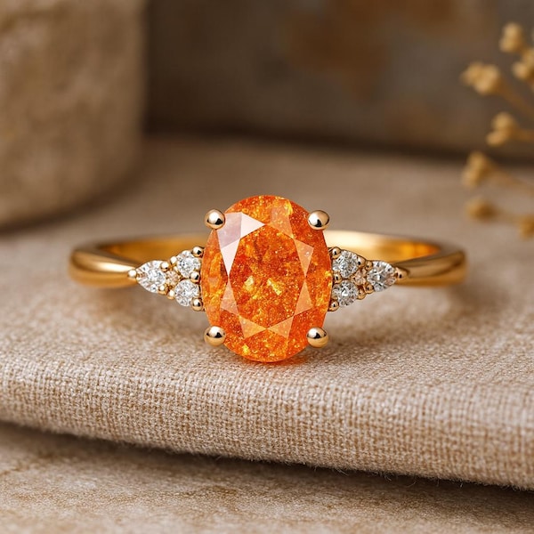 Anello vintage unico con pietra del sole in oro massiccio 14 carati, pietra preziosa arancione ovale, anello di fidanzamento con moissanite, anello di promessa unico, regalo di anniversario per le donne