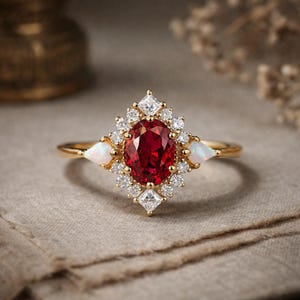 May include: A gold ring featuring a large oval-cut red gemstone surrounded by small white diamonds and two triangular opal stones. The ring has a delicate band and a vintage-inspired design.
