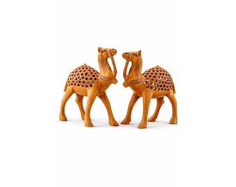 Handmade Wooden Camel Figurine – Jali Carving, Rajasthan Decor