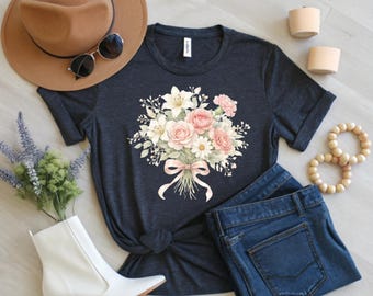 Mothers Day Gift Tee, Watercolor Floral Shirt, Pink Rose Bouquet Top, Cottagecore Mom Outfit, Botanical Spring Hoodie, White Lily Graphic