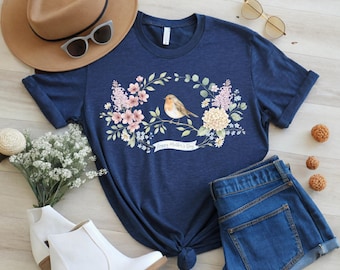 Happy Mothers Day Shirt, Watercolor Bird Floral Wreath Tee, Bird Lover Mom Gift, Cottagecore Spring Outfit, Nature Lover Top, Grandma Gift