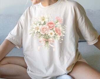 Mothers Day Gift Tee, Watercolor Floral Shirt, Pink Rose Bouquet Top, Cottagecore Mom Outfit, Botanical Spring Tee, White Lily Graphic