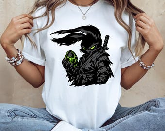 Anime Graphic Tee, Cyberpunk Ninja Bunny Hoodie, Dark Silhouette Streetwear, Neon Green Glowing Egg Top, Edgy Gym Cover, Minimalist Goth