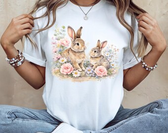 Mothers Day Gift Tee, Watercolor Bunny Mama Shirt, Mom and Baby Rabbit Top, Cottagecore Spring Outfit, Floral Woodland Graphic, Grandma Gift