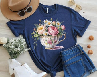 Mothers Day Gift Tee, Vintage Teacup Floral Shirt, Tea Lover Hoodie, Cottagecore Spring Outfit, Watercolor Rose Graphic, Bookish Mom Top