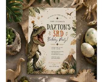 Dinosaur Birthday Invitation Editable Canva Template T Rex Birthday Party Invite Jurassic Dinosaur Birthday Watercolor Birthday Invitation