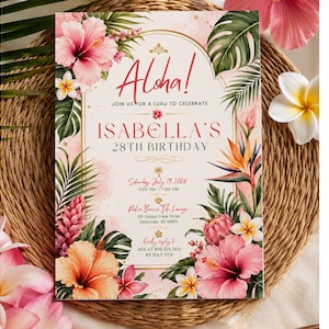 Tropical Luau Birthday Invitation, Hawaiian Party Invite, Watercolor Floral Hibiscus Editable Canva Template for Women Birthday Invite