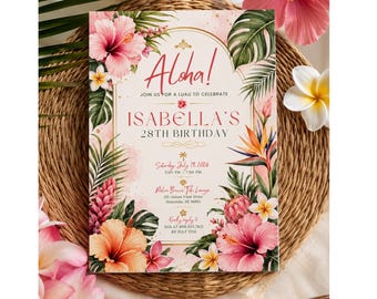 Tropical Luau Birthday Invitation, Hawaiian Party Invite, Watercolor Floral Hibiscus Editable Canva Template for Women Birthday Invite