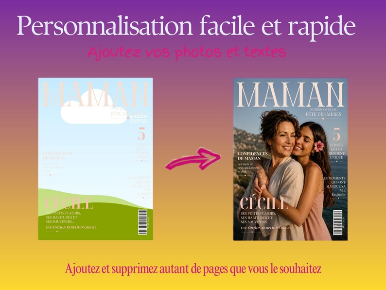 May include: Image showing a magazine cover design process. The text reads "Personnalisation facile et rapide" and "Ajoutez vos photos et textes". The magazine cover transforms from a template to a photo of a mother and daughter. The text "MAMAN" is visible.