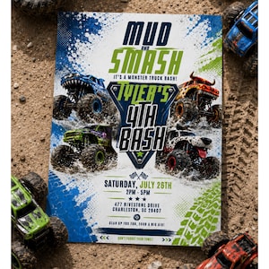 Monster Truck Birthday Invitation, Mud Truck Party Invite, Monster Jam Birthday Editable Canva Template, Boys Off Road Birthday Invitation