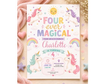 Invitación de cumpleaños de unicornio para el 4.º cumpleaños, invitación para una fiesta mágica de cuatro años, cumpleaños de unicornio arcoíris pastel, descarga de plantilla editable de Canva