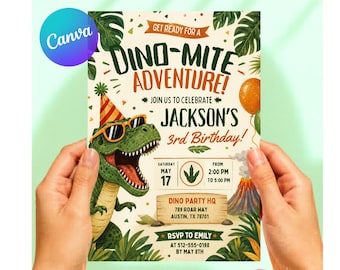 Modello di invito per compleanno a tema dinosauri, invito per festa a tema dinosauri modificabile su Canva, festa di compleanno a tema dinosauri, invito per compleanno per bambini