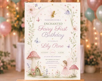 Plantilla de invitación de primer cumpleaños de hadas, invitación de cumpleaños de hadas editable en Canva, fiesta en el jardín encantado, primer cumpleaños