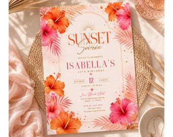 Invitación de cumpleaños al atardecer, cumpleaños con flores de hibisco, invitación para fiesta tropical en la playa, plantilla editable de Canva.