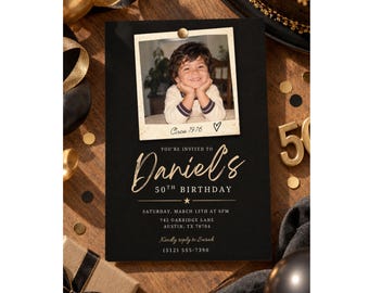 50th Birthday Invitation, Milestone Birthday Party Invite, Vintage Retro Photo Invitation, Black Gold Birthday, Editable Canva Template