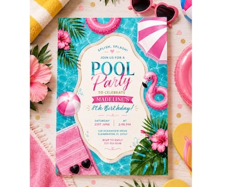 Pool Party Birthday Invitation Template, Summer Pool Party Invite, Flamingo Pool Birthday Invite, Girls Pool Party Invite, Editable Canva