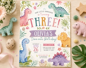 Oor Littel Dinosaur Is Turning Three! Girl Dinosaur Birthday Invitation, Editable Pastel Dino Party Invite, Cute 3rd Birthday Canva Template
